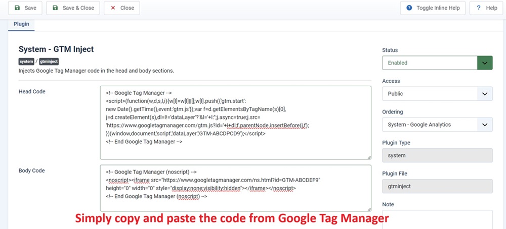 Google Tag Manager Head and Body codefor Joomla