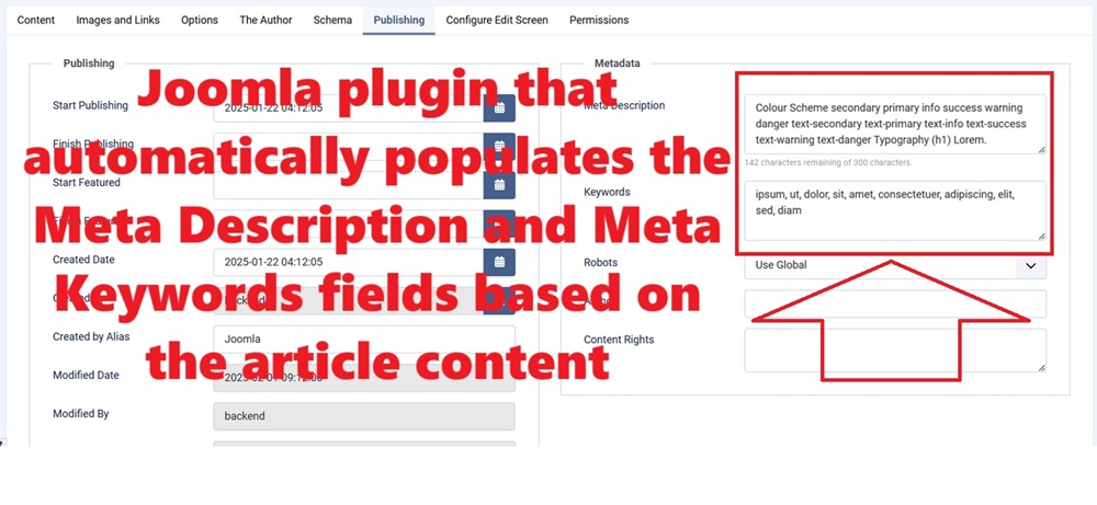 How to automatically populates the Meta Description and Meta Keywords fields based on the article content for Joomla website