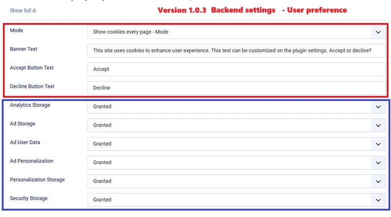 google consent mode v2 with google tag manager granted and Joomla backend settings customize User preference
