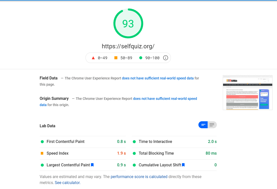 Selfquiz google speed 93 score