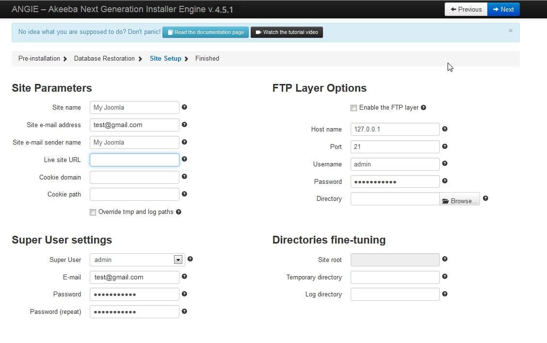 akeeba kickstart site settings